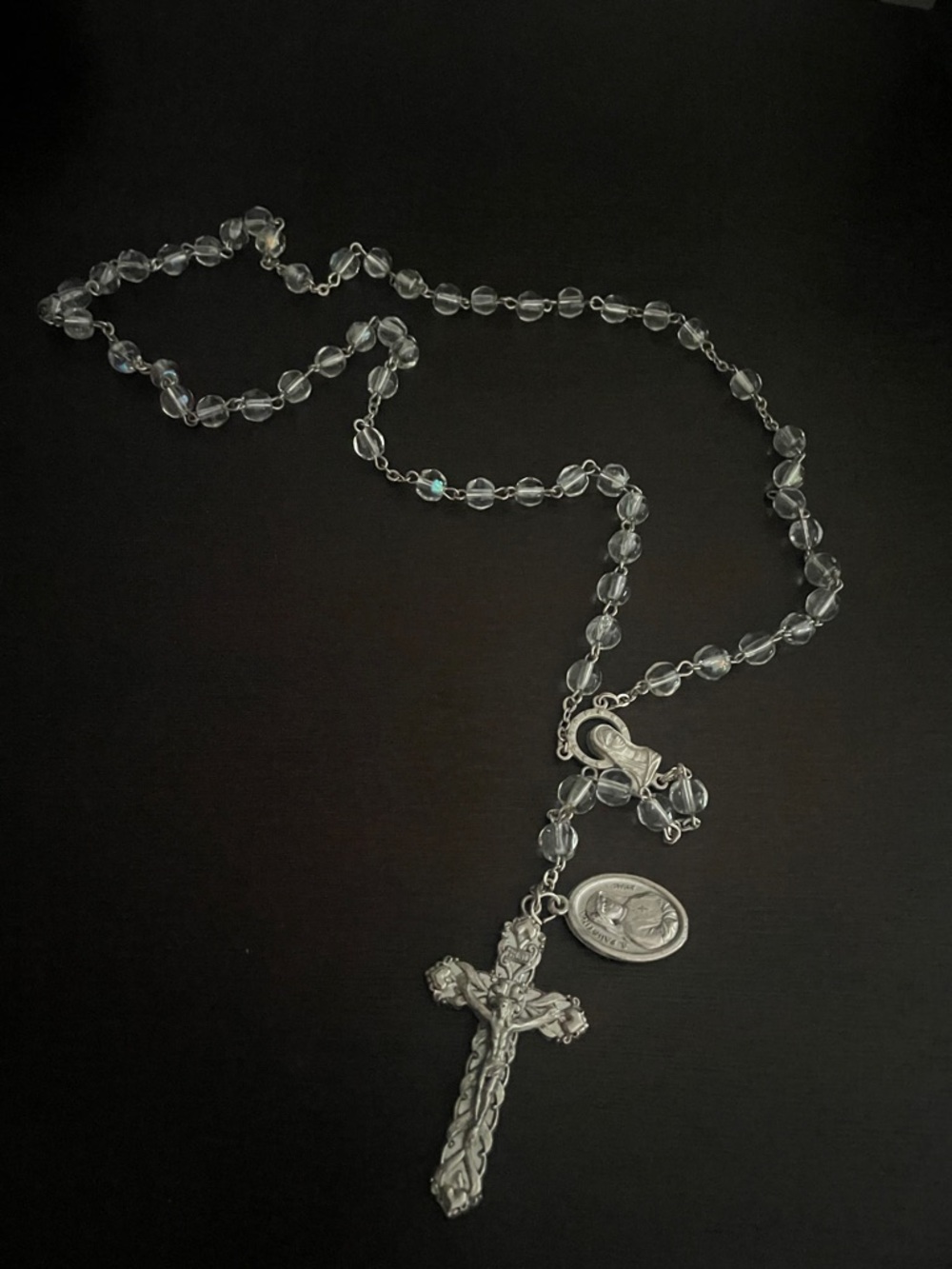 Clear Beaded Rosary Necklace with Silver Crucifix